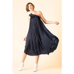 Ulla Johnson Jade Pleated Dress Navy Blue One Shoulder Asymmetrical Midi Formal